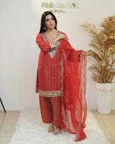 Crepe silk stripe design mirror worked salwar suit-red